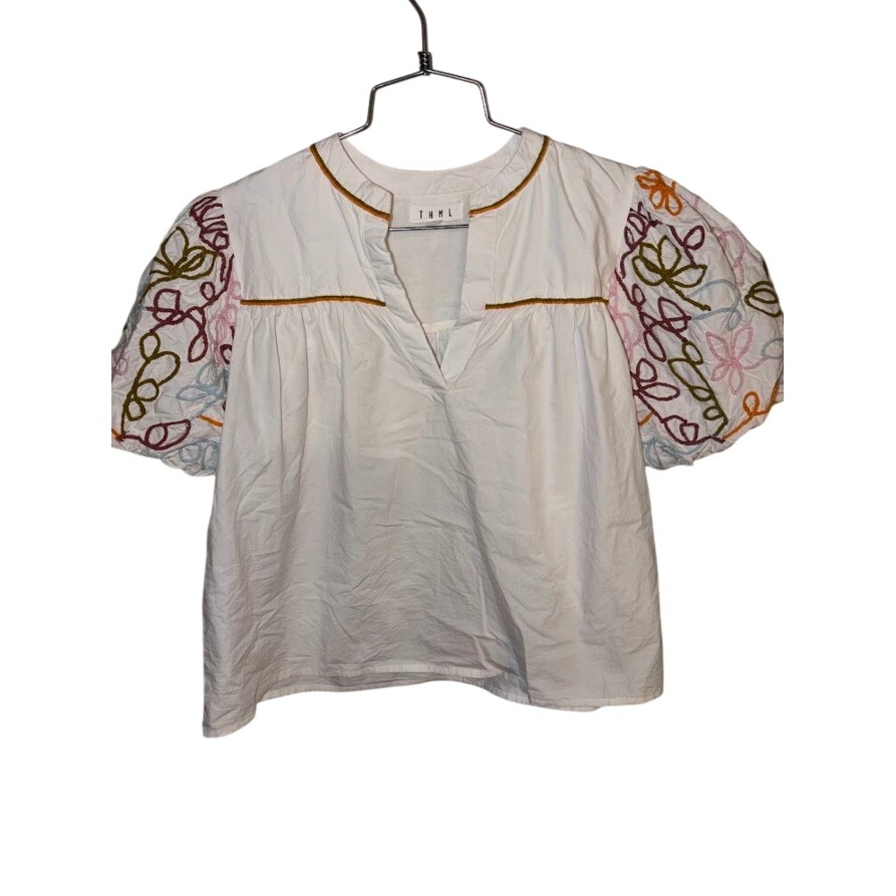 THML Women White Embroidered Puff Sleeve Split Neck Blouse Top Size XS